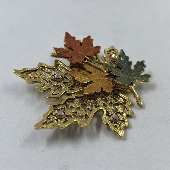 KC‎ Vintage Leaf Pin Brooch Autumn Fall Multi-Color Enamel Gold Tone Signed - Picture 8 of 13